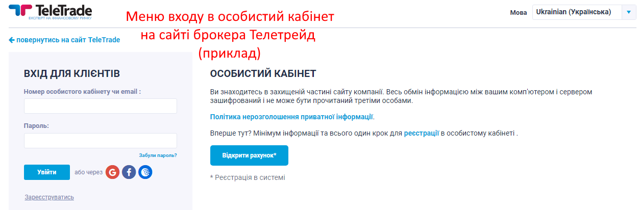 Вхід в кабінет TeleTrade